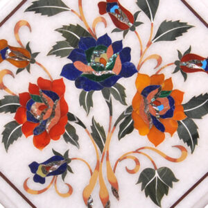 Floral Inlay Craft White Marble Side Table Top / Pietra Dura Craft Work Handmade Art Piece For Home Decor / Home Furniture
